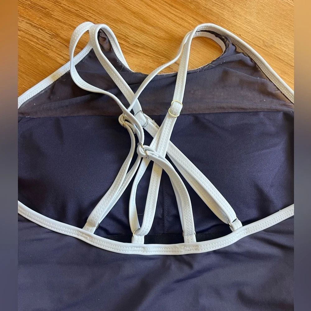 Nautica striped one-piece swimsuit Navy Blue & White Mesh Accents Women’s Small